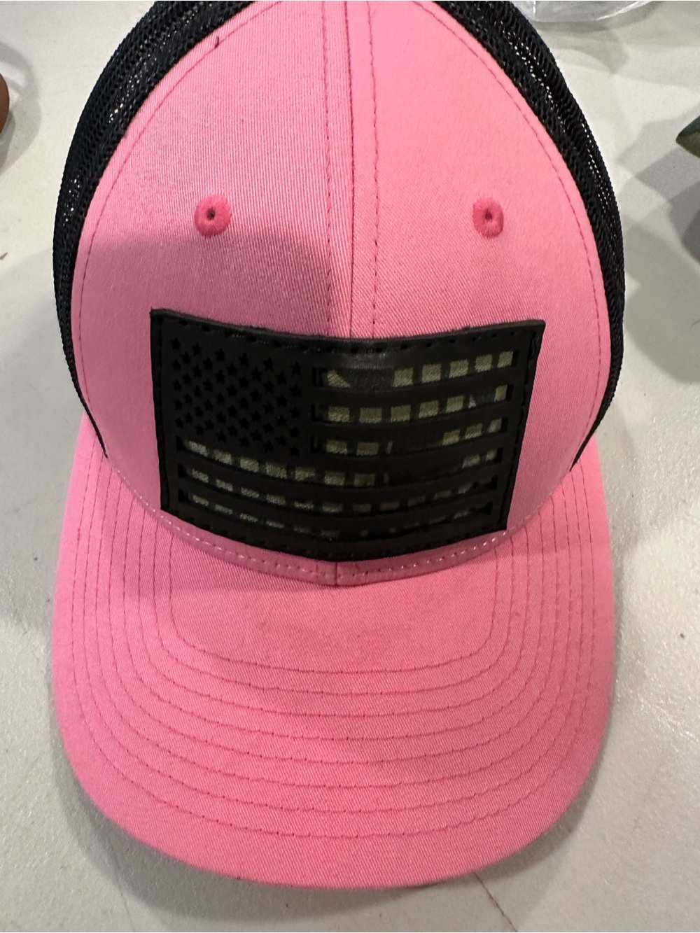 Womens E&A Pink Trucker Hat with Black Flag Patch